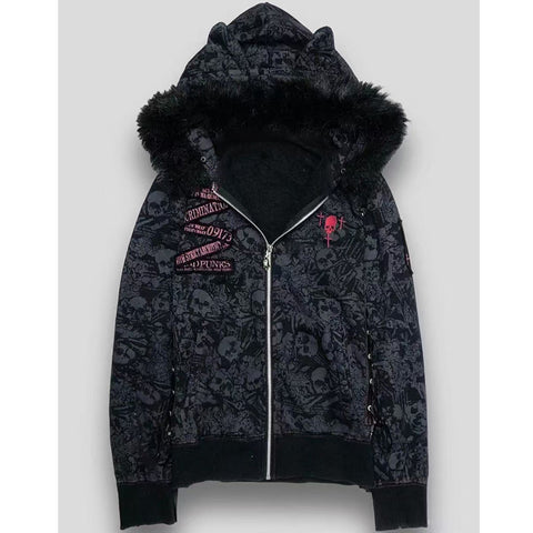 Sonicelife Korean Hoodie Women Clothes Skull Embroidery Punk Sweatshirts Y2k Tops 2025 Ropa Mujer Cat Ear Hooded Skull Zipper Hoodies Coats