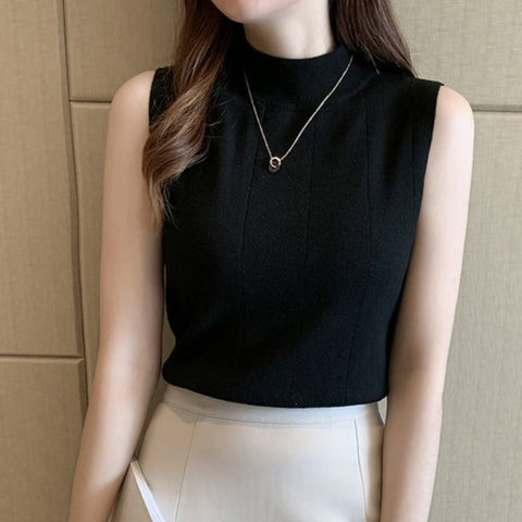 Sonicelife-Elegant Casual Sleeveless Knitted Half Turtleneck Blouse