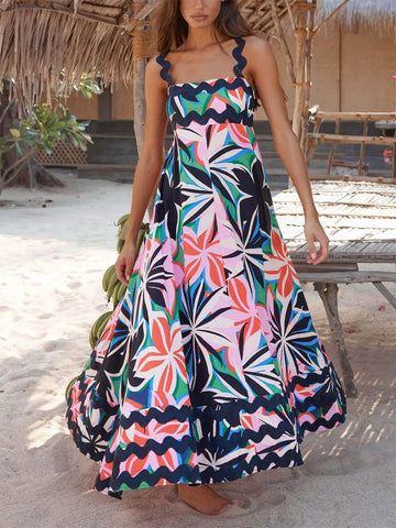 Sonicelife-Printed Suspender Maxi Dress