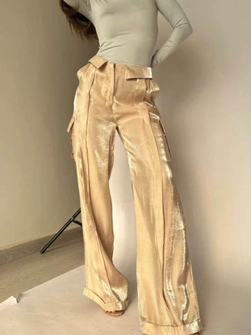 Sonicelife-Golden Years Glitter Fabric Drawstring Waist Pocketed Wide Leg Pants