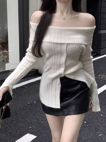 Sonicelife Chic Slash Neck Sweaters Women Sexy Off Shoulder Elegant Knitted Pullovers Korean Long Sleeve Sweet Female Fashion Jumpers