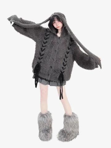 Sonicelife New Y2K Sweater Bunny Plush Thickened Cardigan Sweater Women Autumn Winter Design Cute Loose Mid Length Coat Gray Hooded Sweater