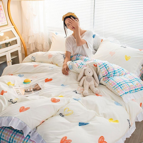 Sonicelife Cute Bear Printed Bedding Set Ins Solid Color Linen And Duvet Cover With Pillowcases Single Double Full Size For Kids Adults