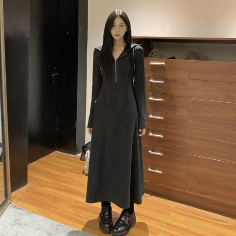 Sonicelife Elegant Hooded Long Sleeve Dresses Women Autumn Winter Fashion Slim Knitted Solid Dresses Korean Casual All Match Long Vestidos