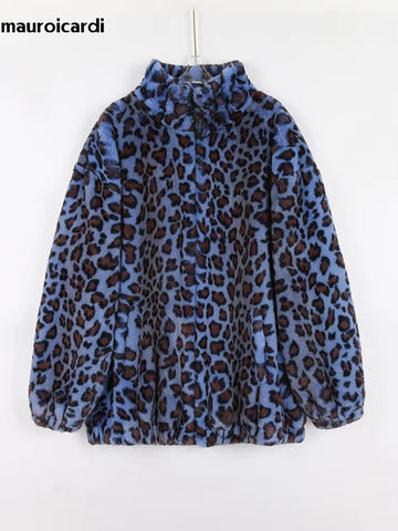 christmas outfit Sonicelife Spring Winter Oversized Thick Warm Soft Colorful Leopard Print Faux Fur Coat Women Stand Collar Zip Up Fluffy Jacket