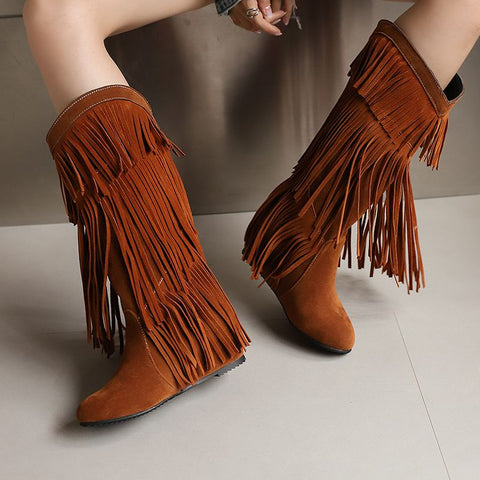 thanksgiving outfit Sonicelife Women Mid Calf Boots Round Toe Increased Heel Fringe Flock Suede 46 47 48 Slip On Fashion Dating Bota