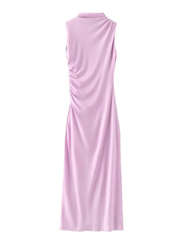 Sonicelife Elegant Pleated Long Dresses Women Bodycon Sleeveless Half High Collar Back Split Long Dress 2024 Summer Lady Pink Party Robes