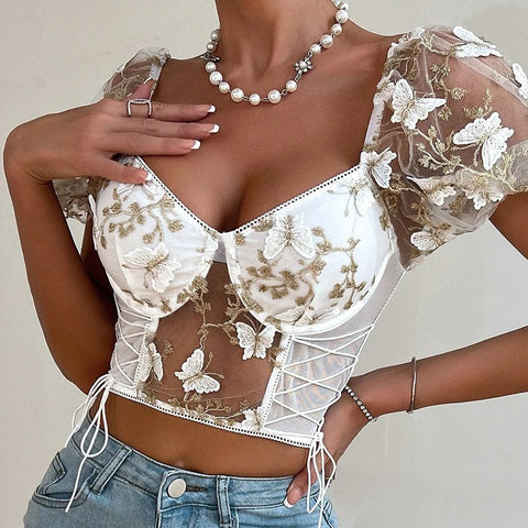 Sonicelife-Sexy Butterfly Embroidered V Neck Puff Sleeve Crop Top Blouse