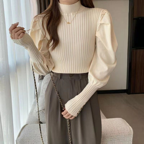 Sonicelife Fashion Puff Sleeve Sweaters Women Sweet Long Sleeve Korean Knitted Pullovers Casual Mock Neck Female Fall Apricot Jumpers