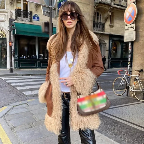 Sonicelife Street Patchwork Women Faux Fur Suede Coat Lapel Long Sleeve Female Furry Jacket 2024 Autumn Winter Lady Vintage Luxury Outwear