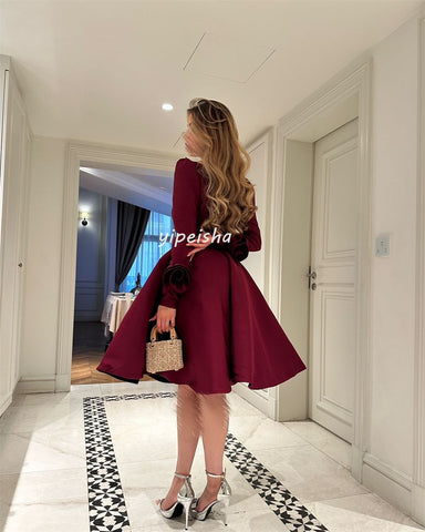 Sonicelife Customized Modern Style High Quality Jersey Pleat Flower A-line Square Neck Knee Length Dresses Bespoke Occasion Dresses Formal (PRE-ORDER)