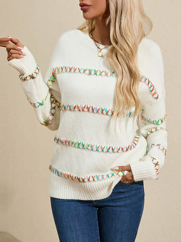 christmas outfit Sonicelife Long Sleeves Loose Contrast Color Round-Neck Pullovers Sweater Tops