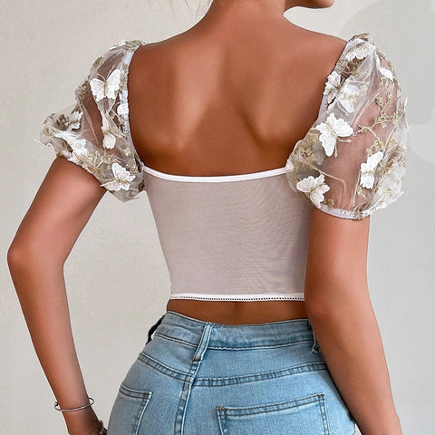 Sonicelife-Sexy Butterfly Embroidered V Neck Puff Sleeve Crop Top Blouse