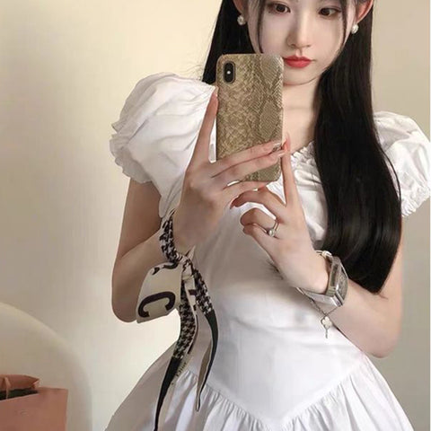 Sonicelife Black A Line Mini Dress Women French Sweet Kawaii High Waist V Neck Pleated Skirt Ladies Fashion Retro Vestidos Summer New