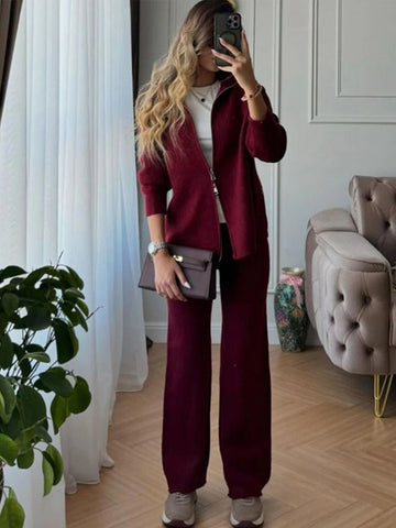 Sonicelife Knitted Cardigans Pants Set Women Polo Collar Zipper Sweater Wide Leg High Waist Trousers Suits 2 Pieces 2025 Autumn Female Sets