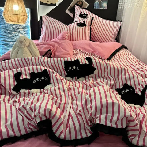 Sonicelife Korean Style Bedding Set Green Strip Black Cat Embroidery Washed Cotton  Duvet Cover Cute Cardboard  Bed linen Comforter Sets