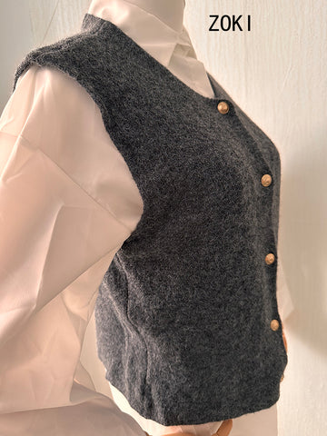 Sonicelife Gold Buttons Cardigan Vests Women Vintage Simple Sleeveless Gray Knitted Jackets Vest Fall Casual Lady Slim Harajuku Tops