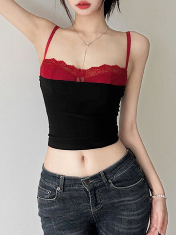 Sonicelife Gothic Dark Y2k Camis Women Streetwear Harajuku Grunge Emo Alternative Hotsweet Red Lace Patchwork Crop Tank Tops Female