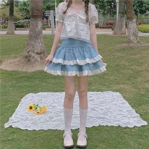 Sonicelife Kawaii Lace Skirt Cute Hot Girl Clothing Summer Cake skirt Casual Loose Korea Blue 2000s Sweet Women Skirts Low-waist Y2k Skirts