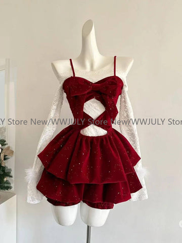 Sonicelife Women Rave Birthday 2000s Shoujo Girl Korean Fashion Outfits 3 Piece Set Long Sleeve Lace Tops + Red Velvet Cami Dress + Shorts