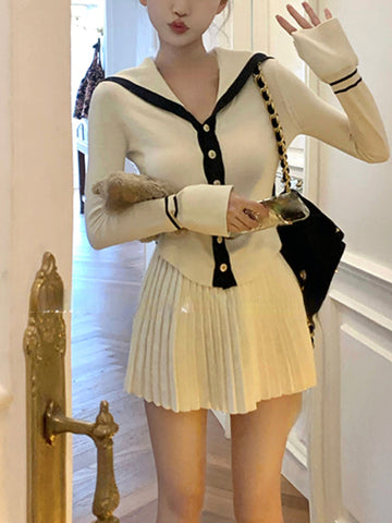 Sonicelife Korea Fashion Knitted Suit Office Lady 2025 Autumn Button Casual Sweater Tops Slim Y2k Mini Skirt Party Elegant 2 Piece Set Chic