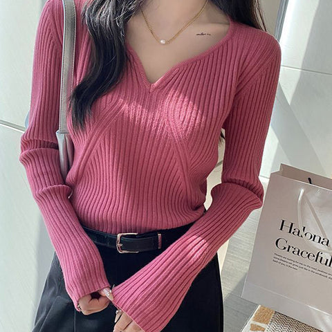 Black Friday Sonicelife Korean Elegant Sweater Women Knitted Apricot Autumn Winter Slim Basic Pullover Long Sleeve V-Neck Solid Female Chic Jumpers