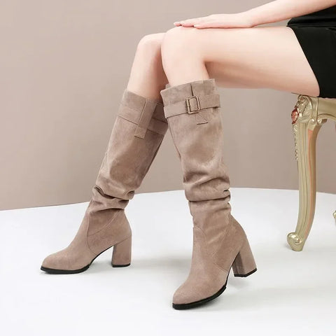 Sonicelife Female Shoes on Sale 2025  High Quality Sleeve Women's  Winter Pointed Toe Suede Solid High Tube Chunky Heels Fashion Boots