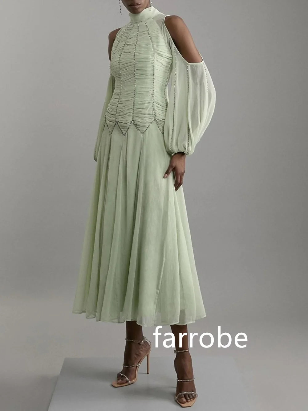 Sonicelife Customized Simple Chiffon Pleat A-line High Collar Midi Dresses Cocktail Dresses Classic Exquisite Modern Style Pastrol  Chinese (PRE-ORDER)