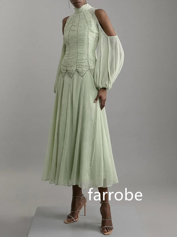 Sonicelife Customized Simple Chiffon Pleat A-line High Collar Midi Dresses Cocktail Dresses Classic Exquisite Modern Style Pastrol  Chinese (PRE-ORDER)