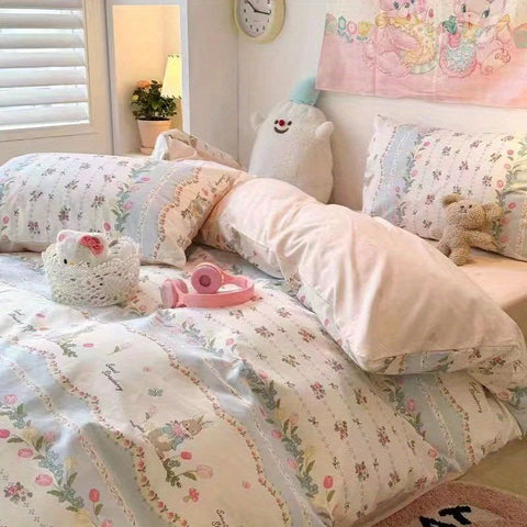 Sonicelife Green Floral Bedding Set Ins Fashion Twin Full Queen Size Duvet Cover No Filler Flat Sheet Pillowcase Girl Home Totel Bed Linens