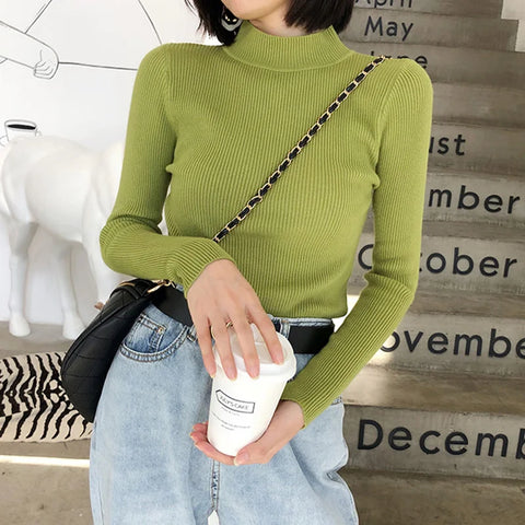 Sonicelife Women Sweater Vintage Basic Solid Knitted Tops Casual Slim Pullover Korean Sweaters Simple Jumper Autumn Winter Mock Neck