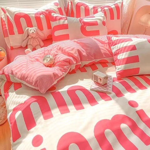 Sonicelife Princess Style Bedding Set Girls Twin Queen Full Size Duvet Cover Set Bed Flat Sheet Pillowcase Kids Adult Pink Letter Bed Linen