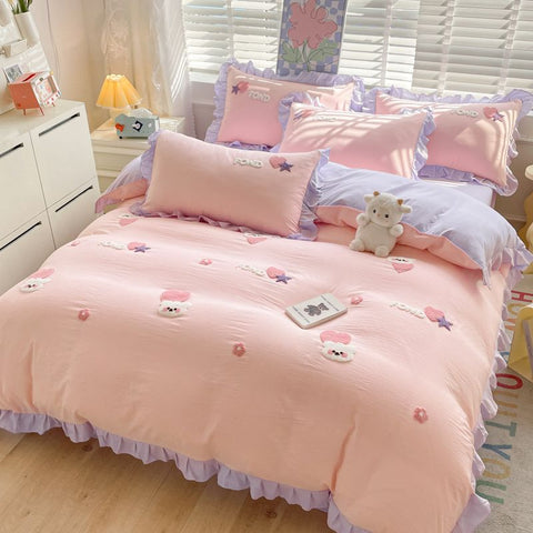 Sonicelife Kawaii Princess Bedding Set with White Ruffles Korean Style Girls Single Full Duvet Cover No Filling Flat Sheet Pillowcases Kit