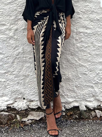 Sonicelife-Astra Ethnic Print High Waist Ruched Wrap Maxi Skirt