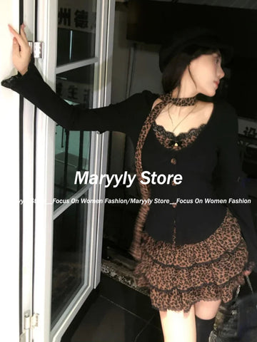 Sonicelife Autumn Winter Vintage Leopard Print Women Outfits Sexy Bow Fake Two Piece Tops + Lace Mini Cake Skirt 2 Piece Set Y2k Clothjing