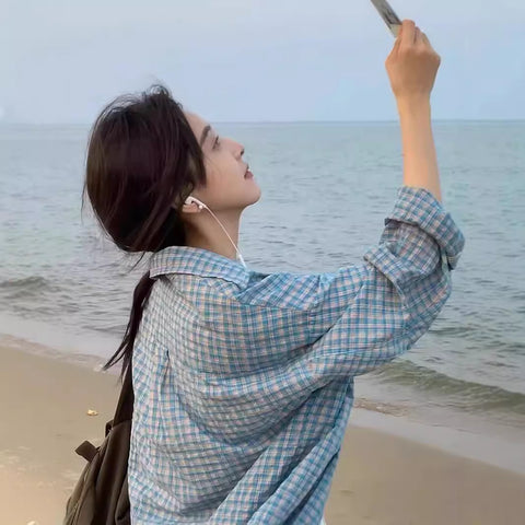 Sonicelife Blue Plaid Cotton Autumn Women Blouse Lapel Button Loose Casual Shirts Spring Fashion Long Sleeve Top Woman Academic Style New