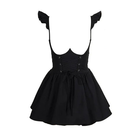 Sonicelife Summer Cute Girl Kawaii Two-piece Women Korean Stlye Elegant Pink Puffed Sleeves Heart Hollow Shirt + Black Suspender Mini Skirt