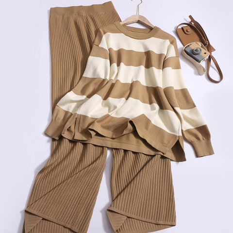 Sonicelife Contrast Color Striped Split O-Neck Long Sleeved Tops and High Waist Casual Wide Leg Pants Suit Fashion Women Two-piece Set