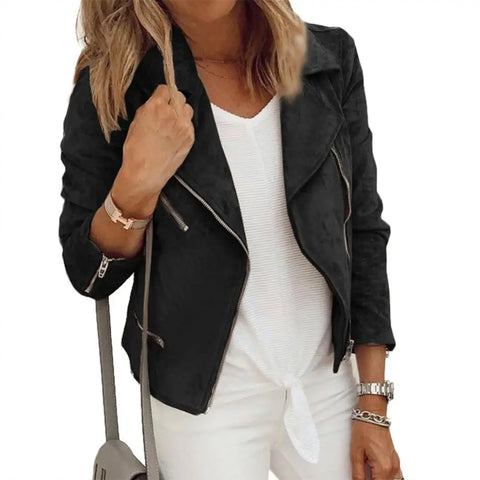 christmas outfit Sonicelife Office Lady Suede Leather Solid Color Jacket Long Sleeve Lapel Zipper Closure Blazer Slim Fits Short Cardigan Coat Outerwear