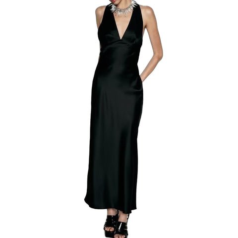 Sonicelife Women's Silk Satin Dress with V-neck Cross exposed Back Fashionable and Sexy Temperament Midi Suspender Long Skirt Silk Like New