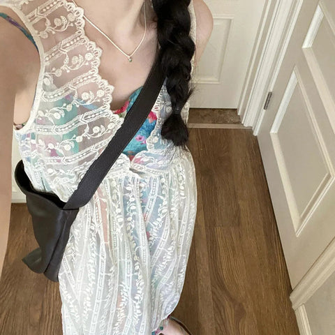 Sonicelife White Lace Dress Women Korean Y2K Sweet Elegant Beach Tanks Dress Retro Floral Bohemian Camis Vestidos Ladies Summer New