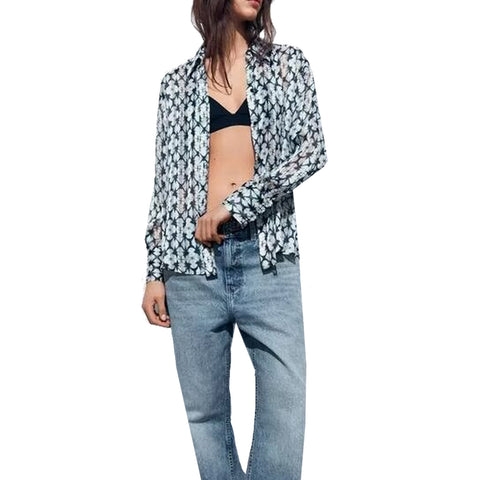 Sonicelife Women's Printed Shirt with Metal Thread Decoration, Casual and Versatile, Long Sleeved, Single Breasted Top, New