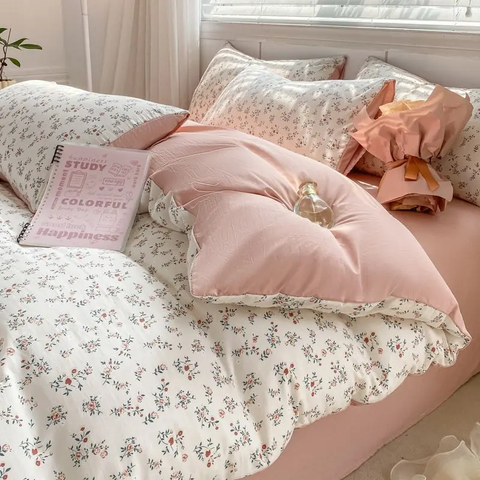 Sonicelife Floral Bedding Set Skin Friendly Nordic Style Duvet Cover With Pillowcases INS Flat Bed Sheet Soft Polyester Comforter Sets