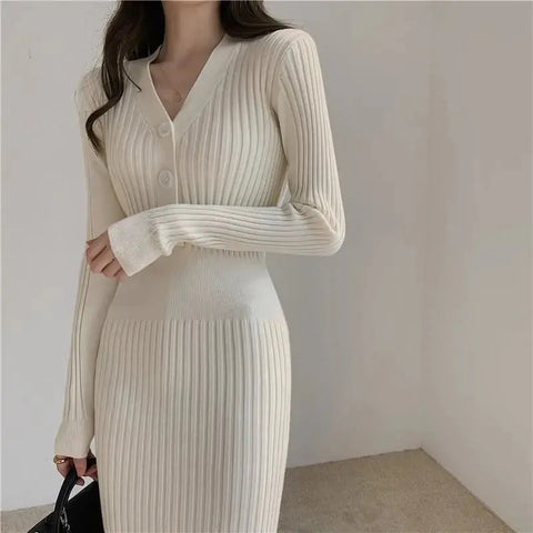 Black Friday Sonicelife Knit Dress Women Elegant Korean Autumn Winter Long Sleeve V-Neck Button Slim Skirt Fashion Stretch Sweater Office Lady Dress