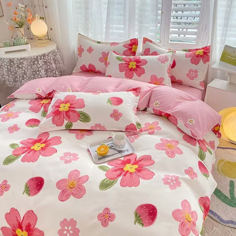 Sonicelife Korean Pink Rose Duvet Cover Set Soft Green Flat Sheet Quilt Cover Pillowcase Bed Linen Twin Queen Full Size Floral Bedding Set