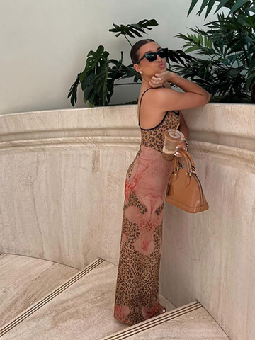 Sonicelife Summer Lady Leopard Print Long Dress Women Elegant Slim Fit U Neck Sleeveless Maxi Dresses New Spring Female Party Robes Gowns
