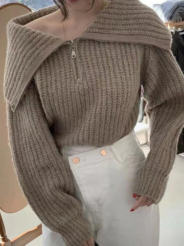 Sonicelife-Solid Big Lapel Neck Half Zip Sweater