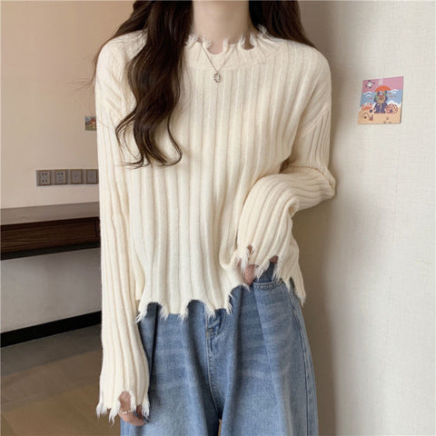 Sonicelife Design Retro Japan Sweaters Women Casual Long Sleeve Irregular Knitted Pullovers Fall Sweet Loose Elegant Apricot Jumpers