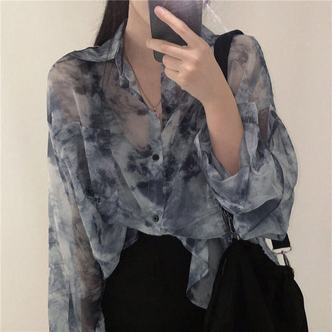 Sonicelife Vintage Shirt Women Harajuku Tie Dye Print Korean Loose Casual Chiffon Blouse Autumn Holiday Transparent Gothic Hippie Top