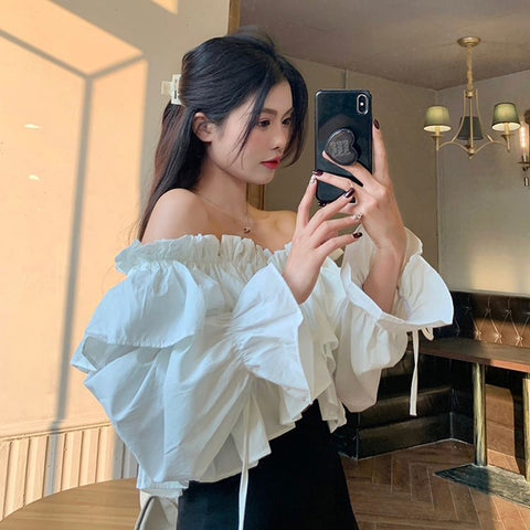 Sonicelife Sexy Off Shoulder Sweet Blouse Women Korean Fashion Ruffles Elegant Cropped Shirt Fall Lace Up Design Lady Chic White Tops